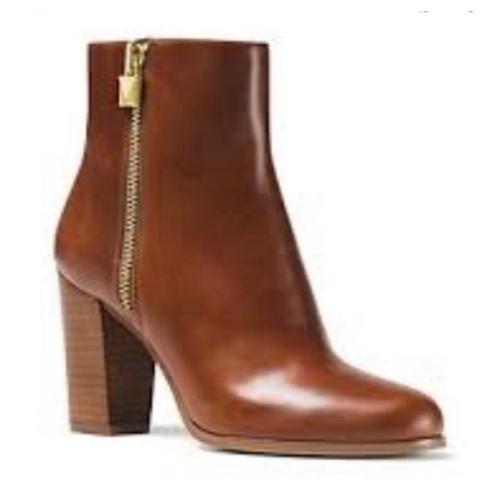 Michael Kors Brown Leather Ankle Boots Gold Padlock Zip Block Heel 7.5M
